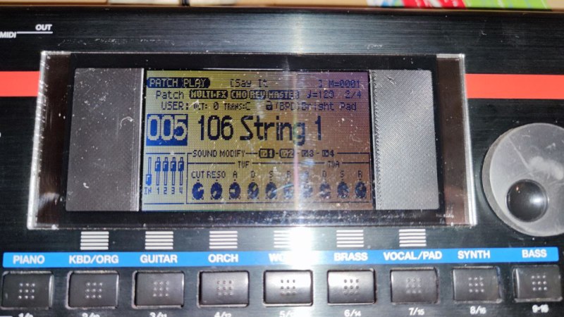 An LCD mounted inside a Roland synthesizer