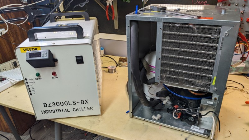Two chillers side-by-side - the fake chiller on the left and the water fountain chiller (lid-less) on the right