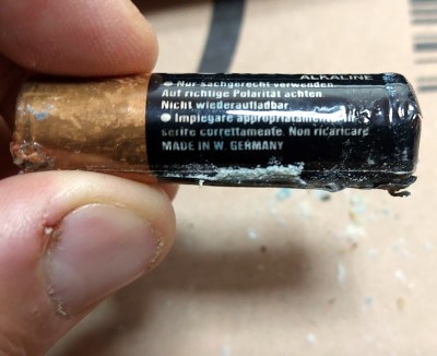 A leaky Duracell, "Made In West Germany"