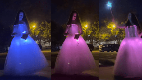 A three picture sequence, with the first picture being a woman in a blue lit up prom dress touching a wand to her hand, the second picture being a woman in a pink lit up dress touching a wand to her hand and the third picture being the same woman in a lit up pink prom dress holding a blue glowing star wand over her head