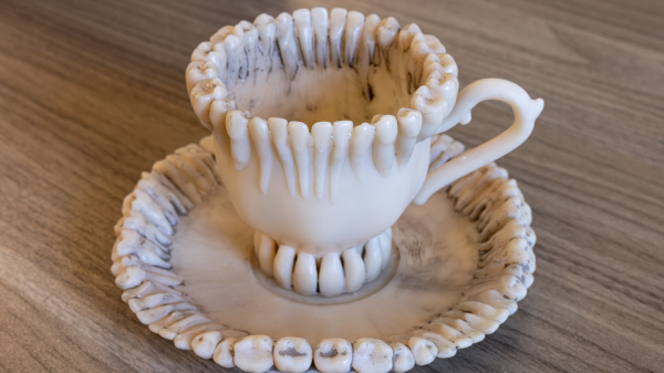 3D printed tea cup and saucer with the edges made out of 3d printed human teeth. Cup is sitting on a wooden table.