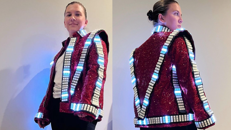 Two shots of a Thriller jacket with LED strips being worn by Louise Katzovitz, one from the front and the other from the back.