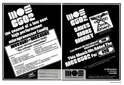 A two-page advert from 1975 for the MOS 6502