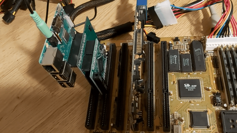 A 386 motherboard with a custom ISA card plugged in