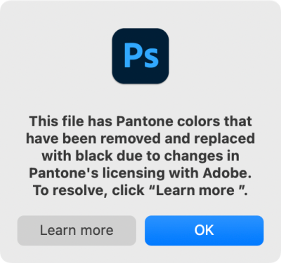 Photoshop Pantone warning popup.