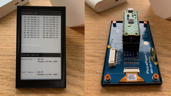A two picture montage of the blackout logger, the left picture being the front e-ink display of the data logger in a black case and the second picture of the back of the data logger, with the raspberry pi pico show attached to an e-ink display, both sitting on a wooden table.