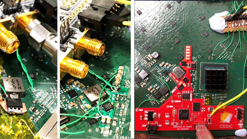 side by side, showing hardware experiments with capacitor gating through FETs, an initial revision of the modchip board with some fixes, and a newer, final, clean revision.