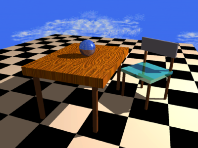 A typical rendered Amiga scene, mirror ball, table, checkerboard floor, blue sky