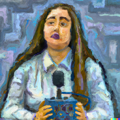 DALL-E prompt: "A female journalist, skeptical about the promise of AI, oil painting"