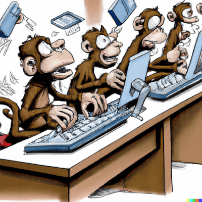 Prompt: trained monkeys bashing away at computer keyboards, cartoon art