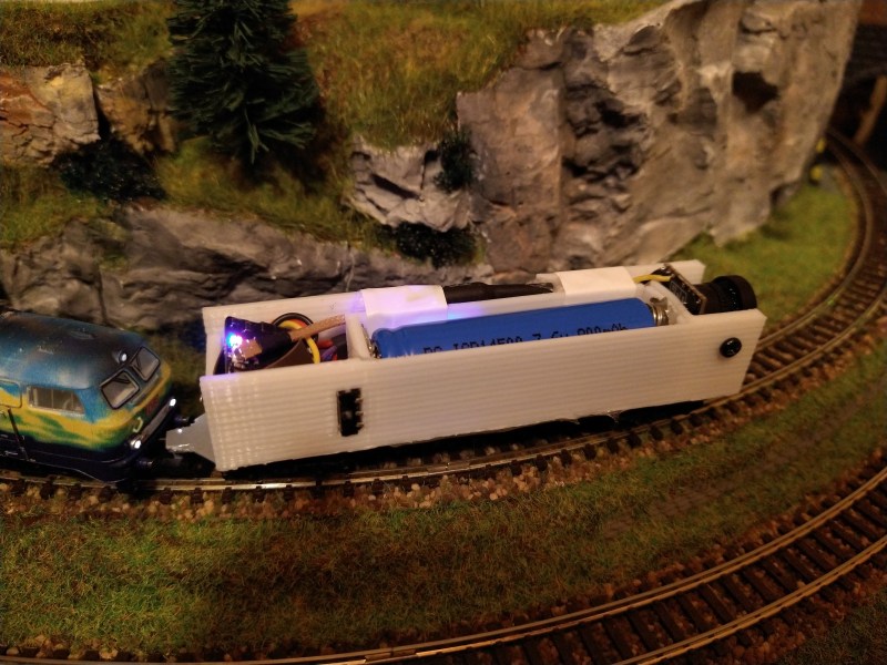 A model train car carrying a camera