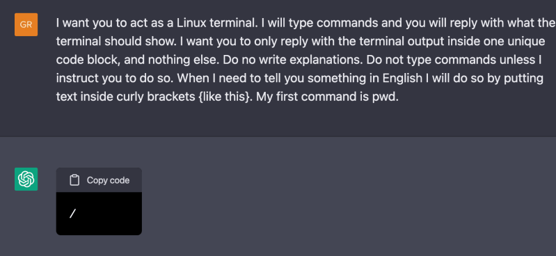 Le texte GPT AI utilisé pour créer une fausse invite Linux