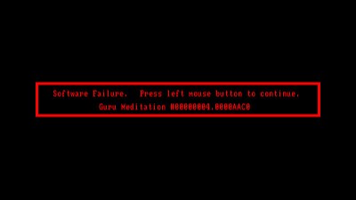AmigaOS fatal Guru Meditation error screen.