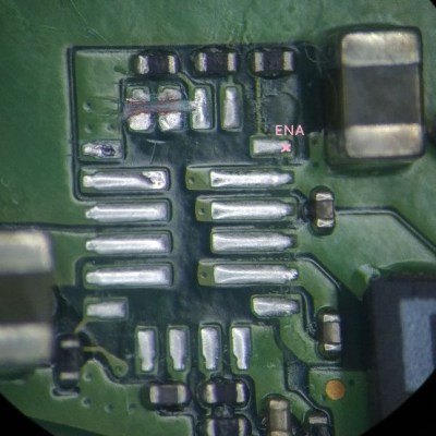 On-PCB footprint for the IC, with two pads carefully cut in half as mentioned in the article