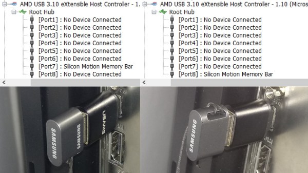Showing the same thumbdrive plugged into the same USB-C port in two different orientations, enumerating as two different USB ports