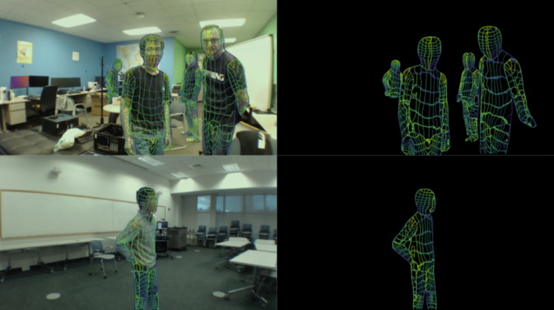 Four images in one. Top left is an image of four individuals in a room with whiteboards and desks in the background along with various clutter on the floor. Over the people is a wireframe overlay of their poses. The image on the top right is just the wireframe people on a black background. Bottom left image is of a single individual standing in a room with the pose wireframe overlay. Bottom right image is the single pose wireframe on a black background.