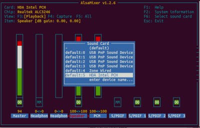 A screenshot of Alsa Mixer, showing a list of sound cards