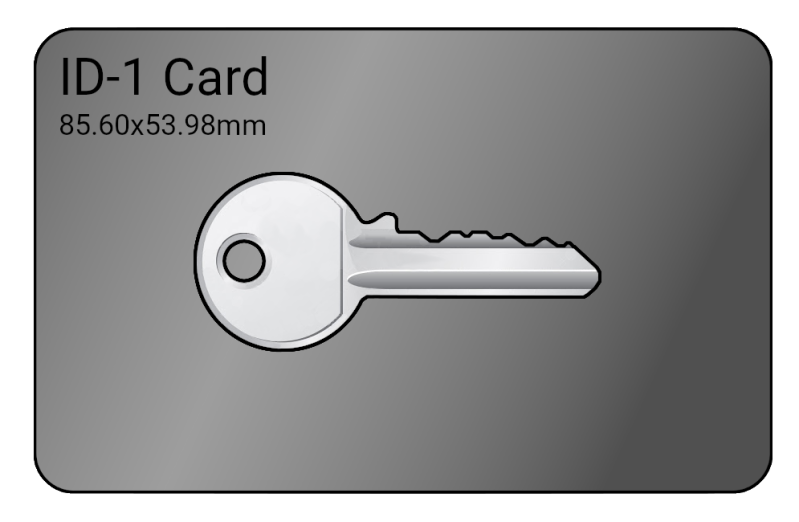 An illustration of a key sitting on an ID card. The key is light grey and the ID card is a darker grey gradient. The ID card says ID-1 Card 85.60 by 53.98 mm