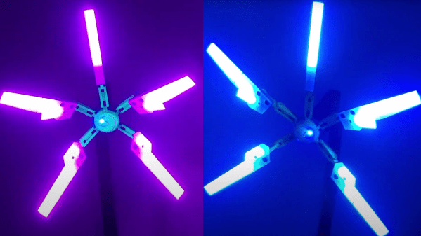 A montage of a "death stranding" lamp in two different color modes, purple on the left and blue on the right