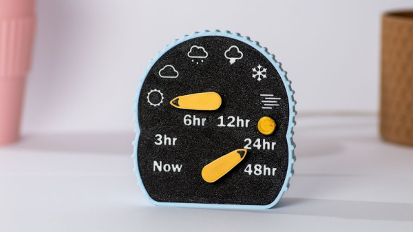 A desktop weather display, with two yellow pointers, one for the time frame (Now, 3hr, 6hr, 12hr, 24hr, 48hr) and the other pointing to an iconographic description of the weather (sunny, cloudy, cloud with rain, cloud with lightning, snowflake and fog)