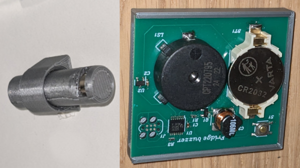 A composite picture with a 3D printed cylinder with a magnet at one end held in a 3D printed housing ring on the left composite picture and a fridge buzzer board with buzzer, CR2032 battery, MCP430 microcontroller and hall effect sensor slid into a 3D printed base on the right part of the composite picture