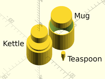 3D models of just wrong attempts at a mug, kettle, and teaspoon.