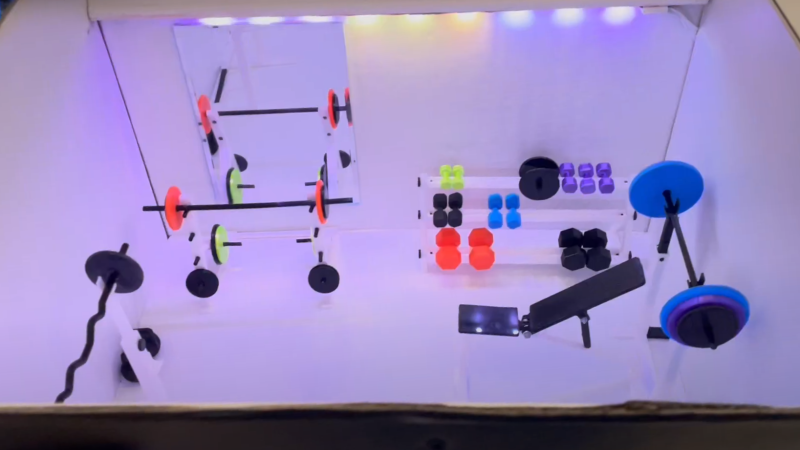 3d printed tiny gym in a box with mirror and led strip lighting