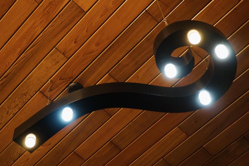 A black chandelier that looks somewhat like a fern frond. It has four lights arranged roughly in a circle around the curly end and two clustered near the tail. It is mounted on a dark wood panel ceiling.