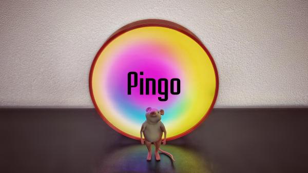 A round clock with a color-coded face, with its name "Pingo" across it, together with a 3D animated mouse