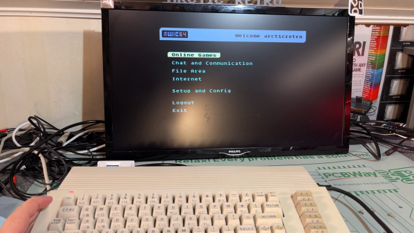 A Commodore 64 accessing an online service