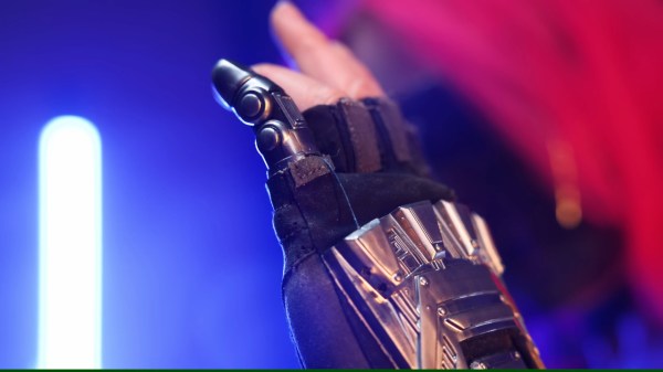 A cinematic shot of the resulting prosthetic finger attached to the glove
