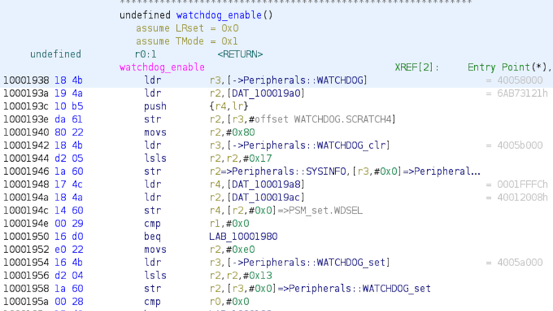 Screenshot of the code decompiled after these patches are applied, showing that all the register writes are nicely decompiled and appropriate register names are shown in the code