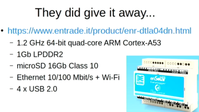 Screenshot from the presentation, showing the datalogger product image next to the datalogger specs stated. The specs are suspiciously similar to those of a Raspberry Pi 3.