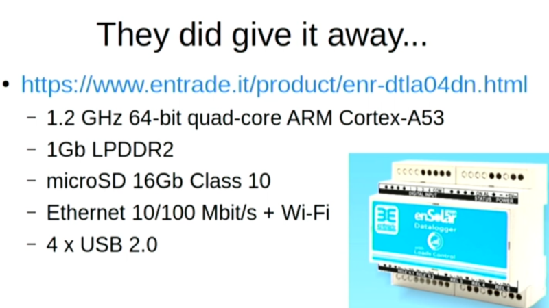 Screenshot from the presentation, showing the datalogger product image next to the datalogger specs stated. The specs are suspiciously similar to those of a Raspberry Pi 3.