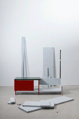 A series of images showing the disassembly of a short, red cabinet and its reassembly as a tall, white cabinet. The shelves are reused between both objects since they both are part of the OS Grid.