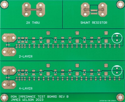 A PCB used to measure the effect of capacitor placement