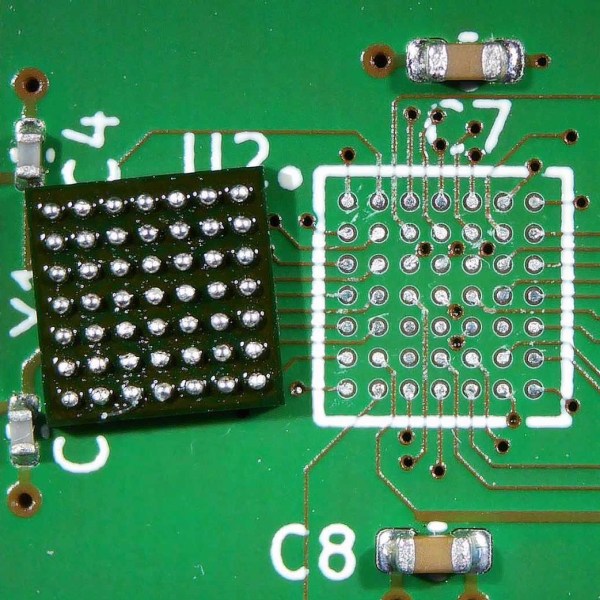 A freshly reballed BGA chip next to a clean PCB footprint