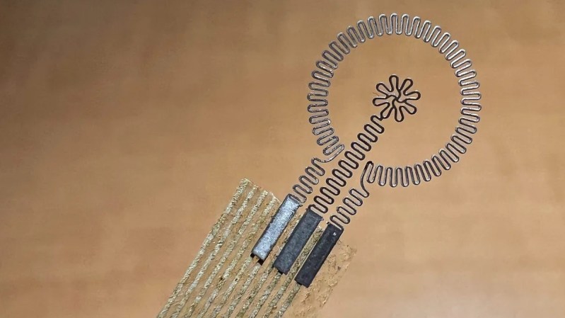 A closeup of a ring and "flower" electrode attached to a translucent piece of material with fainter wires. The flower and ring electrodes are made of molybdenum that has a somewhat accordion fold back-and-forth cross-section.