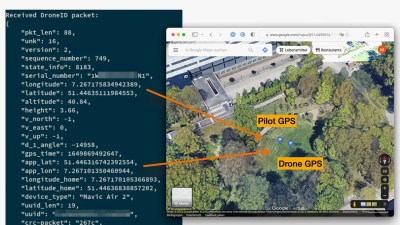 Screenshot of the SDR software in action, with decoded data in a terminal, and a map that shows the location received from the decoded data