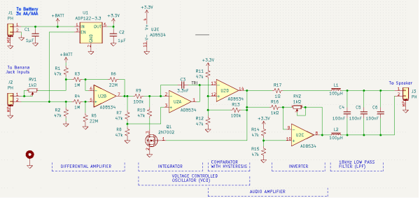A schematic for a continuity tester that modulates its pitch based on the resistance measured