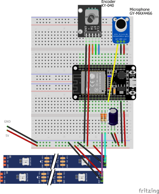 A schematic of the Bass LED reactive circuit, with an ESP32 on a breadboard connected to a KY-040 encoder module, a GY-MAX4466 microphone module and LED strips below.