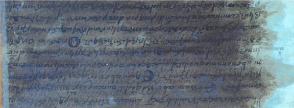 Ambrosianus L 99 sup., p. 190, ll. 14–23, UV fluorescence image by Lumière Technology. Upside-down Latin overtext in dark brown and Greek undertext in light brown.
