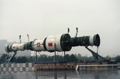 A model of the Salyut 7 space station, with a Soyuz spacecraft docked at the front port and a Progress spacecraft at the rear port.