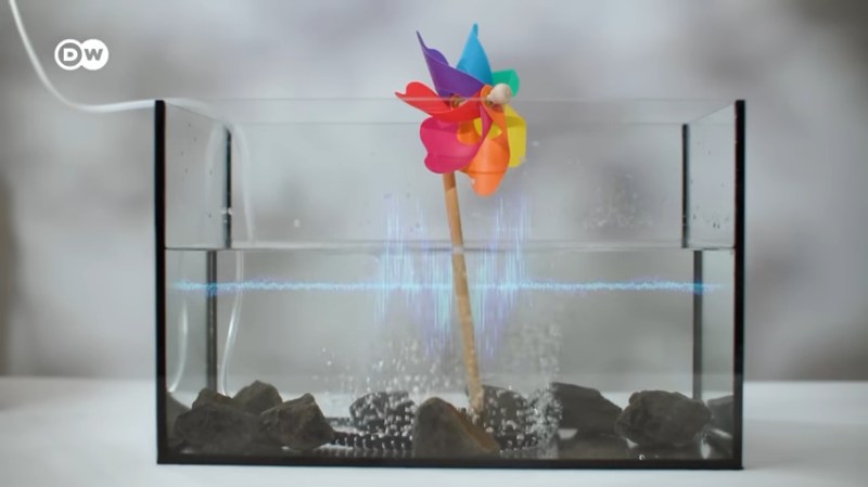 A pinwheel sits in an aquarium to simulate an offshore wind turbine. Bubbles come up from the "seabed" to encircle it to demonstrate a bubble curtain with an image of a sound waveform overlaid with the video to show the sound confined to the area within the bubble curtain.