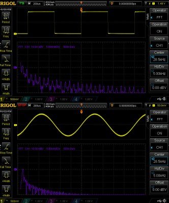 Two oscilloscope traces showing the FFT of a square wave and a sine wave