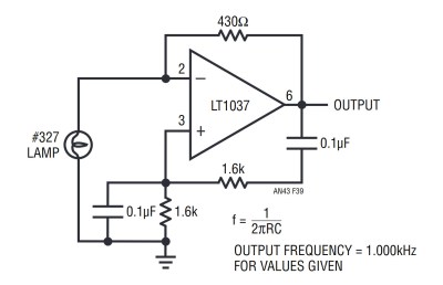 Circuit diagram of a stabilised Wien Bridge oscillator