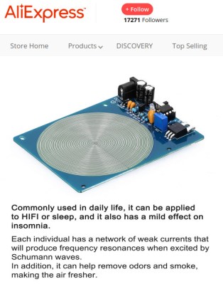 A screenshot of an online ad for a device, claiming to help HiFi, insomnia, reducing odours, and reducing smoke.