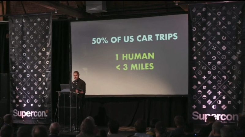 A man in a dark shirt stands at a podium in front of a projector screen with the text "50% OF US CAR TRIPS" in white above yellow text saying "1 HUMAN < 3 MILES". The screen is flanked by decor saying "Supercon" in white on a black background.