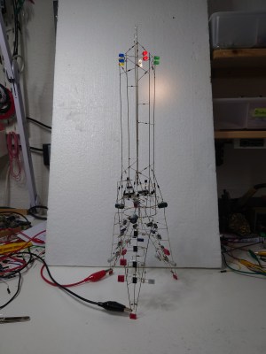 A circuit sculpture in the shape of a lighthouse