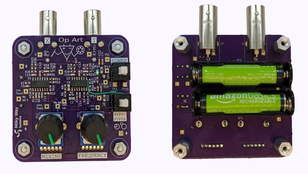 Front and back views of a square, purple PCB with op amps and BNC outputs
